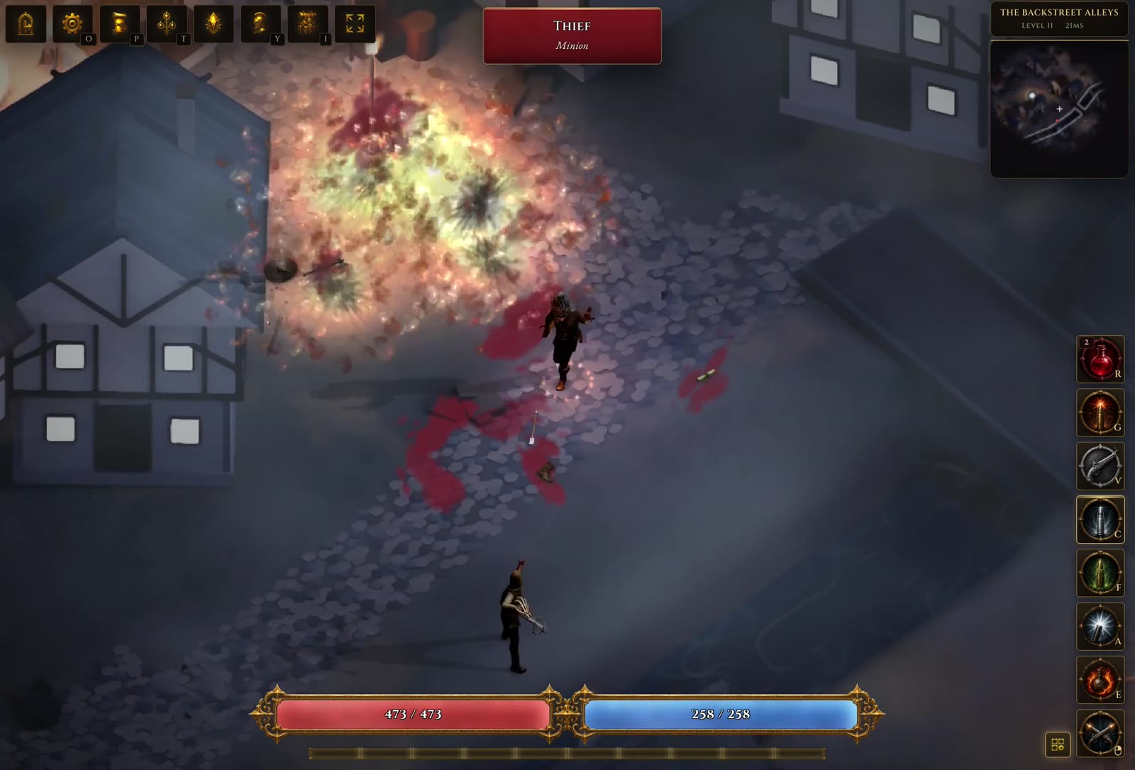 A grenade explosion in a night-time town alley full of thieves