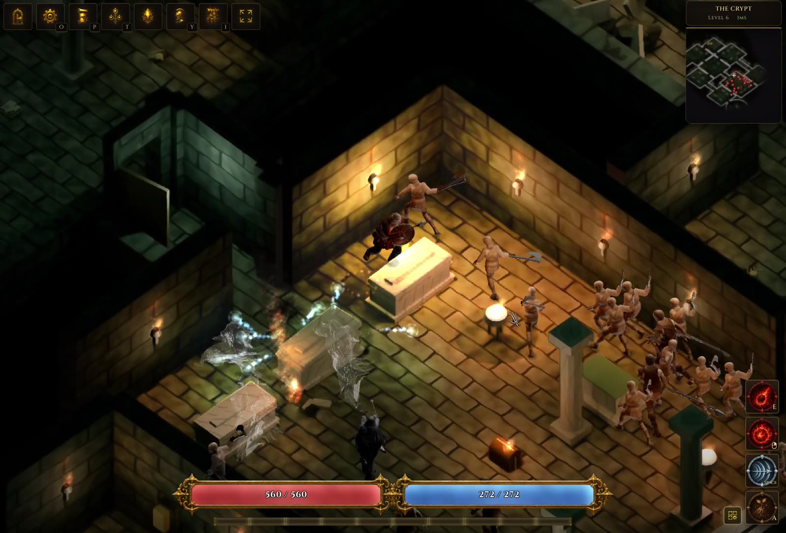 A torch-lit crypt filled with skeletons around a stone sarcophagus