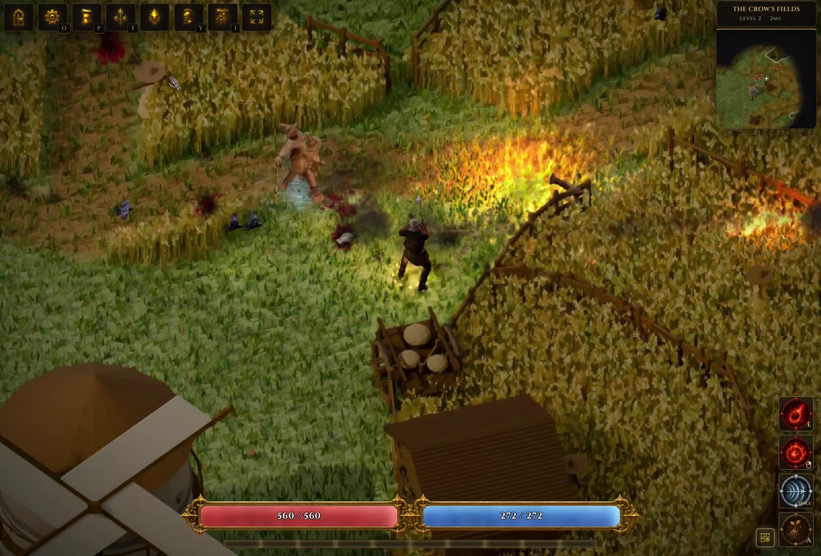 A mage casting fire on a pack of monsters in the wheat fields of act 1