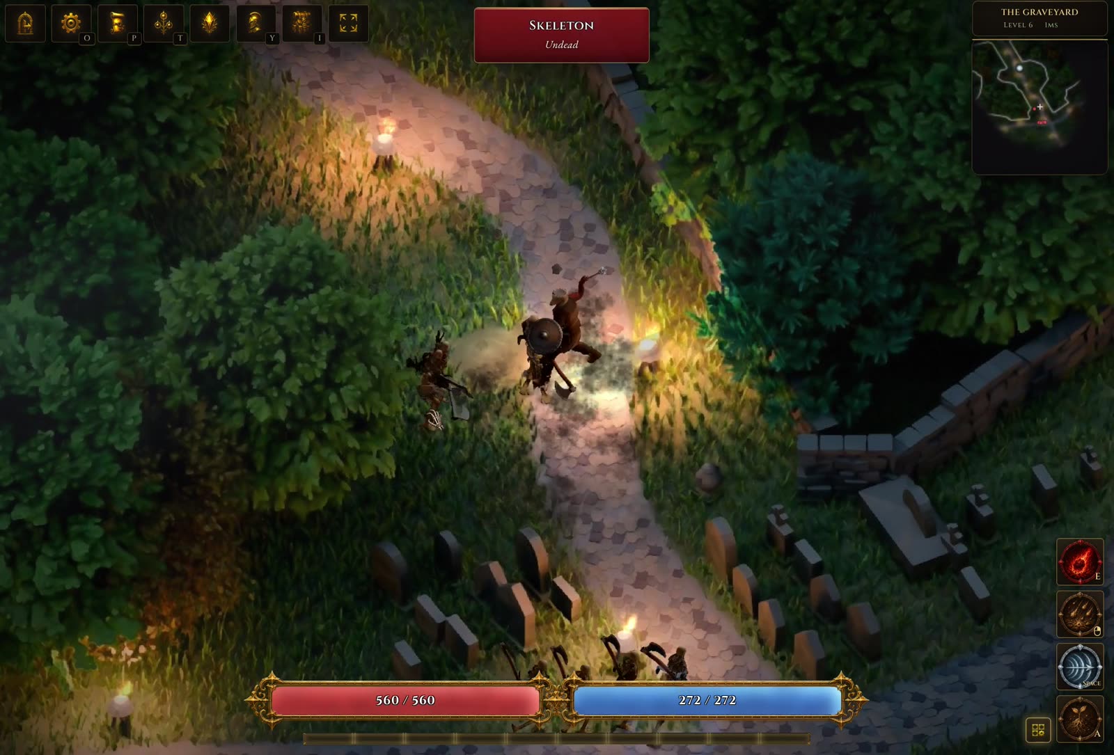 A hero fighting skeletons on a lantern-lit path through a graveyard