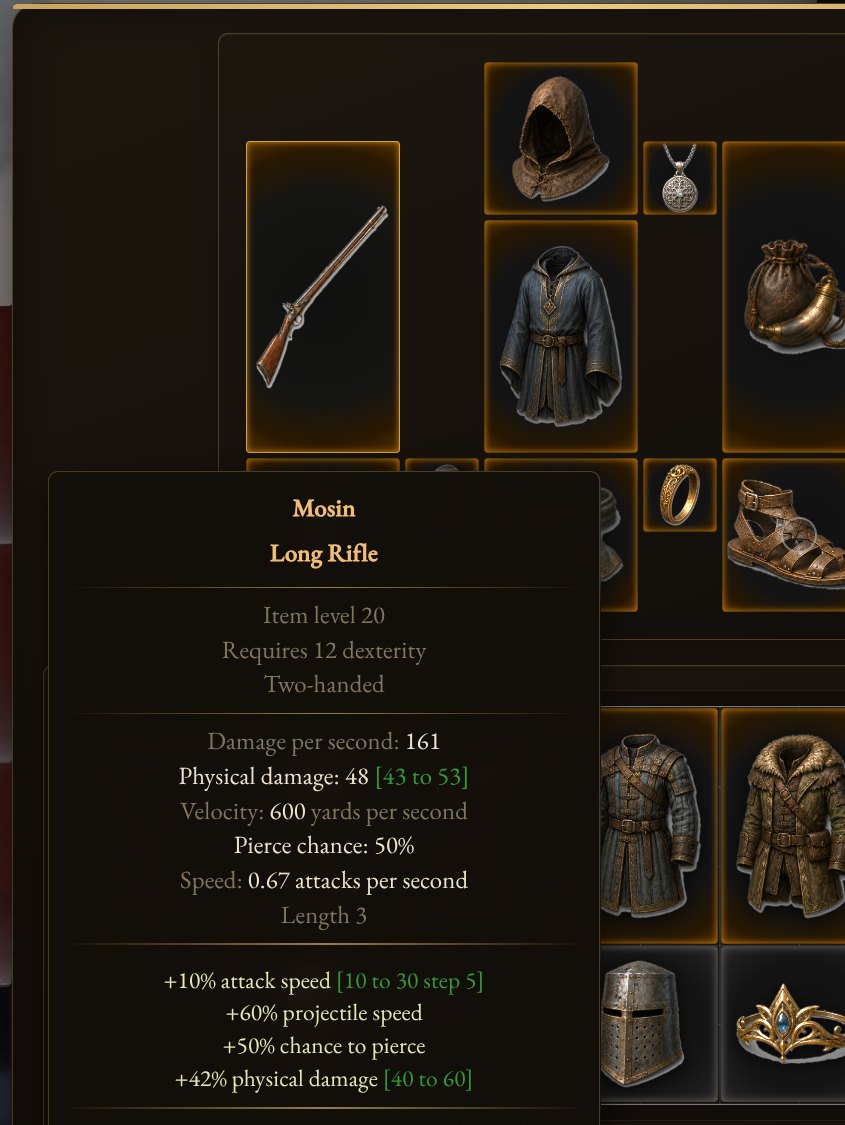 The equipment screen with a magic long rifle's tooltip: damage, speed and rolled affixes
