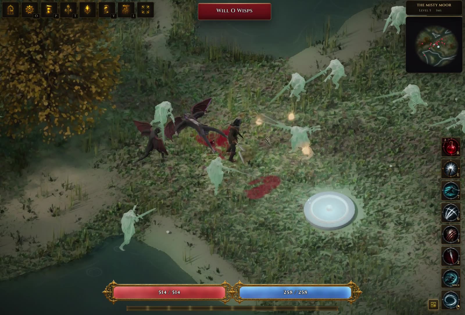A musketeer surrounded by will-o'-wisps and ghosts on a misty moor